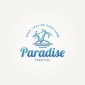 Paradise beach island simple line art badge logo template vector illustration design. minimalist beach island with pine tree logo Royalty Free Stock Photo