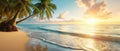 Paradise beach with palm trees, calm ocean, sunshine, and a blue sky in a panoramic banner. Ai Generated