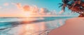 Paradise beach with palm trees, calm ocean, sunshine, and a blue sky in a panoramic banner. Ai Generated