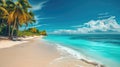 Paradise beach with palm trees, calm ocean, sunshine, and a blue sky in a panoramic banner. Ai Generated