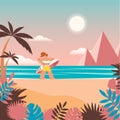 Paradise beach with palm trees and surfboards. Colorful seascape with mountains. Vector