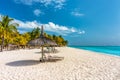 Paradise beach resort with palm trees and and tropical sea in Mauritius island. Summer vacation and tropical beach concept. Sandy Royalty Free Stock Photo