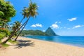 Paradise beach at Soufriere Bay with view to Piton at small town Soufriere in Saint Lucia, Tropical Caribbean Island Royalty Free Stock Photo