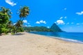 Paradise beach at Soufriere Bay with view to Piton at small town Soufriere in Saint Lucia, Tropical Caribbean Island Royalty Free Stock Photo