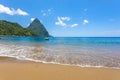 Paradise beach at Soufriere Bay with view to Piton at small town Soufriere in Saint Lucia, Tropical Caribbean Island