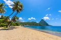 Paradise beach at Soufriere Bay with view to Piton at small town Soufriere in Saint Lucia, Tropical Caribbean Island