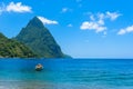 Paradise beach at Soufriere Bay with view to Piton at small town Soufriere in Saint Lucia, Tropical Caribbean Island