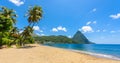 Paradise beach at Soufriere Bay with view to Piton at small town Soufriere in Saint Lucia, Tropical Caribbean Island