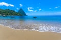 Paradise beach at Soufriere Bay with view to Piton at small town Soufriere in Saint Lucia, Tropical Caribbean Island Royalty Free Stock Photo