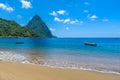 Paradise beach at Soufriere Bay with view to Piton at small town Soufriere in Saint Lucia, Tropical Caribbean Island