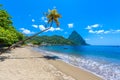 Paradise beach at Soufriere Bay with view to Piton at small town Soufriere in Saint Lucia, Tropical Caribbean Island