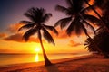 Paradise beach sunset tropical palm trees . Travel promotion banner template . Vacation and holiday island beach Generative AI Royalty Free Stock Photo