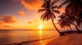 Paradise beach sunset tropical palm trees . Travel promotion banner template . Vacation and holiday island beach Generative AI Royalty Free Stock Photo