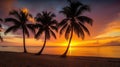 Paradise beach sunset tropical palm trees . Travel promotion banner template . Vacation and holiday island beach Generative AI Royalty Free Stock Photo