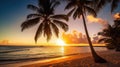 Paradise beach sunset tropical palm trees . Travel promotion banner template . Vacation and holiday island beach Generative AI Royalty Free Stock Photo