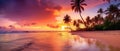 Paradise beach sunset tropical palm trees . Travel promotion banner template . Vacation and holiday island beach Generative AI Royalty Free Stock Photo