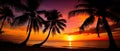 Paradise beach sunset tropical palm trees . Travel promotion banner template . Vacation and holiday island beach Generative AI Royalty Free Stock Photo