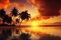 Paradise beach sunset tropical palm trees . Travel promotion banner template . Vacation and holiday island beach Generative AI Royalty Free Stock Photo