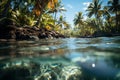 Paradise found, tropical beach, blurry palms, sunlit bokeh shimmering on water