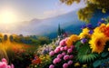 Paradise garden full of flowers, beautiful idyllic Paradise garden full of flowers, beautiful idyllic background with many