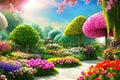 Paradise garden full of flowers, beautiful idyllic background with many flowers in Eden. Generative Ai