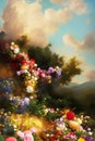 Paradise garden full of flowers, beautiful idyllic background with many flowers in eden. Generative Ai