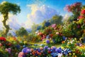 Paradise garden full of flowers, beautiful idyllic background with many flowers in Eden, illustration with Fairytale colors.