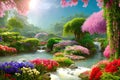 Paradise garden full of flowers, beautiful idyllic background with many flowers in Eden. Generative Ai