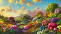 Paradise garden full of flowers, beautiful idyllic Paradise garden full of flowers, beautiful idyllic background with many