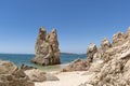 Paradise hidden sandy sea beach, unique rock formations on Halkidiki, Greece. Natural wonder nature, travel destination