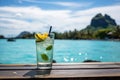 Paradise island delight. A captivating beach bar scene showcasing a refreshing cocktail on the vibrant counter