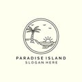 paradise island with emblem and line art style logo icon template design. palm tree, wave, beach, sun, bird vector illustration Royalty Free Stock Photo