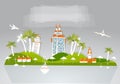 Paradise island, holiday hotel travel background White city collection