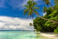 Paradise island -  landscape of tropical beach - calm ocean, palm trees, blue sky Royalty Free Stock Photo