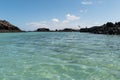 Paradise island of Lobos, Canary Islands, Spain. In the background, a person about to jump into the water from a small wooden Royalty Free Stock Photo