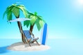 Paradise island in the ocean. Beach chair, umbrella and surfboard under a palm tree in the sand.