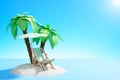 Paradise island in the ocean. Beach chair and an umbrella under a palm tree in the sand. Royalty Free Stock Photo