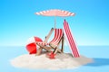 Paradise island in the ocean. Miniature beach accessories for outdoor activities. Blue background