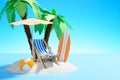 Paradise island in the ocean. Sun lounger, surfboard and ball under palm trees on the sand. Royalty Free Stock Photo