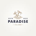 Paradise island simple line art logo template vector illustration design. minimalist elegant beach island with pine tree logo