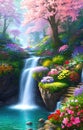 Paradise land with beautiful gardens, waterfalls and flowers, magical idyllic background with many flowers in eden. Generative Ai