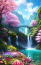 Paradise land with beautiful gardens, waterfalls and flowers, magical idyllic background with many flowers in eden. Generative Ai