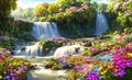 Paradise land with beautiful gardens, waterfalls and flowers, magical idyllic background with many flowers in eden. Generative Ai