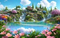 Paradise land with beautiful gardens, waterfalls and flowers, magical idyllic background with many flowers in eden. Generative Ai Royalty Free Stock Photo