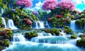 Paradise land with beautiful gardens, waterfalls and flowers, magical idyllic background with many flowers in eden Royalty Free Stock Photo