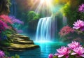 Paradise landscape with beautiful gardens, waterfalls and flowers, magical idyllic background, heavenly view with beautiful