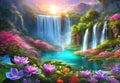 Paradise landscape with beautiful gardens, waterfalls and flowers, magical idyllic background, heavenly view with beautiful