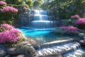 Paradise landscape with beautiful gardens, waterfalls and flowers, magical idyllic background, heavenly view with beautiful