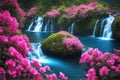 Paradise landscape with beautiful gardens, waterfalls and flowers, magical idyllic background, heavenly view with beautiful