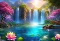 Paradise landscape with beautiful gardens, waterfalls and flowers, magical idyllic background, heavenly view with beautiful